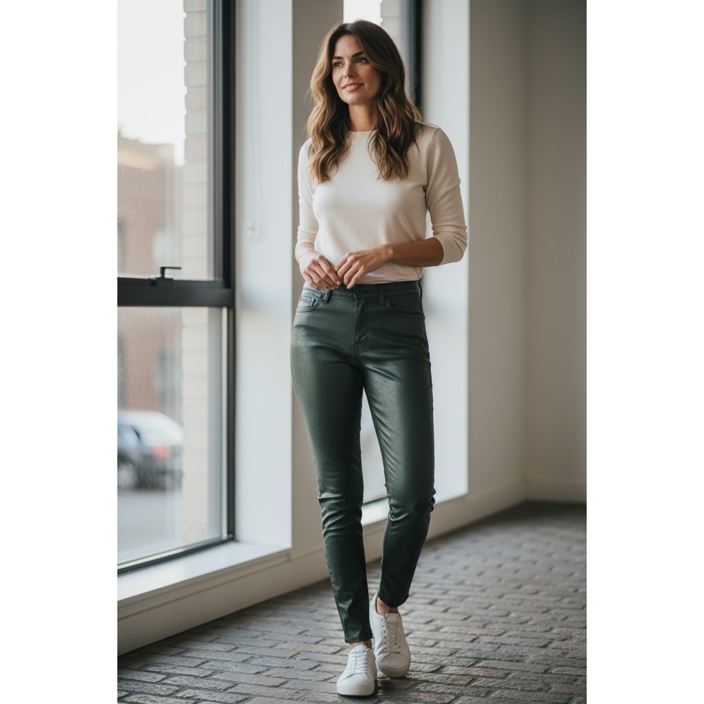 J Brand‎ Super Skinny Low Rise Pants, Waxed Coating, Dark Green, Size 32, NWOT